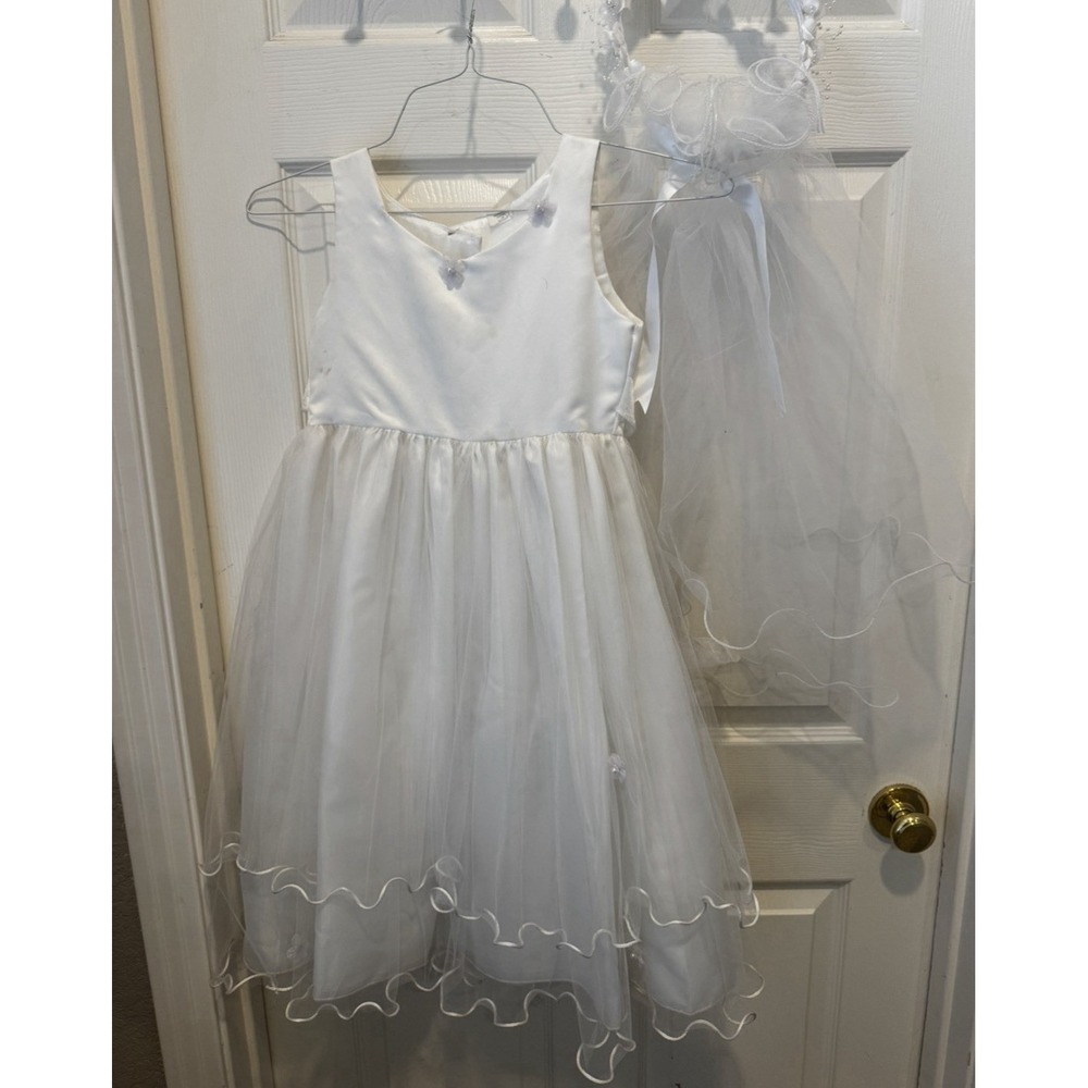 First Communion Dress With Veil White Flower Girl 7 Girls Tulle Fancy Party FLAW